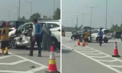 Terjadi kecelakaan di pintu tol pamulang, satu mobil ringsek parah