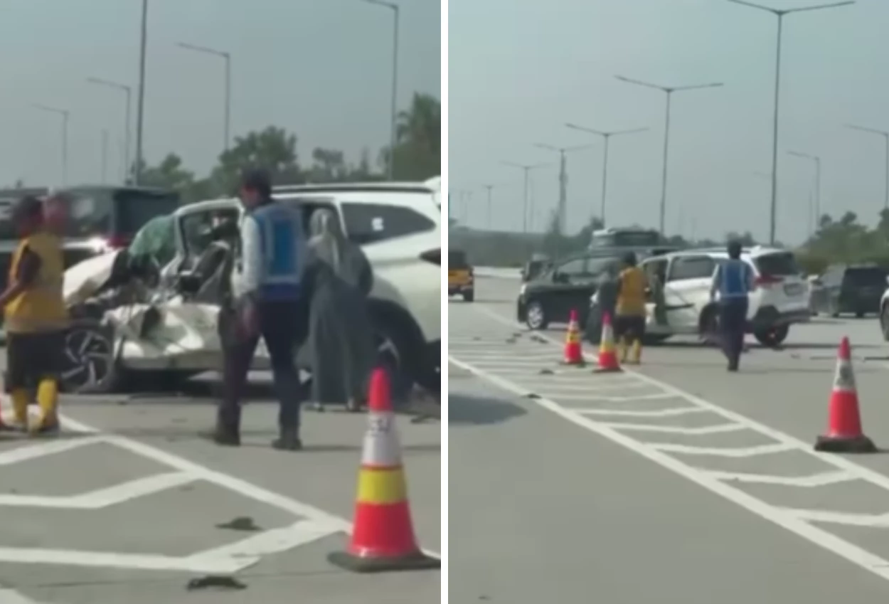 Terjadi kecelakaan di pintu tol pamulang, satu mobil ringsek parah