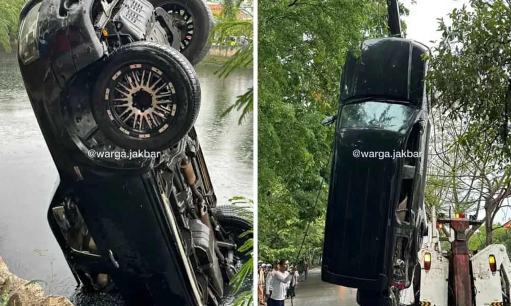 Gagal diderek, mobil yang tersangkut di tanggul malah tercebur ke kali daan mogot