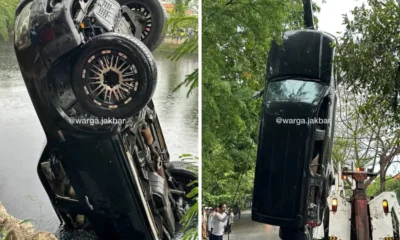Gagal diderek, mobil yang tersangkut di tanggul malah tercebur ke kali daan mogot