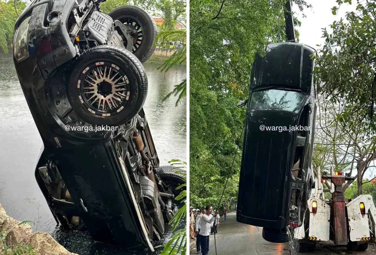 Gagal diderek, mobil yang tersangkut di tanggul malah tercebur ke kali daan mogot