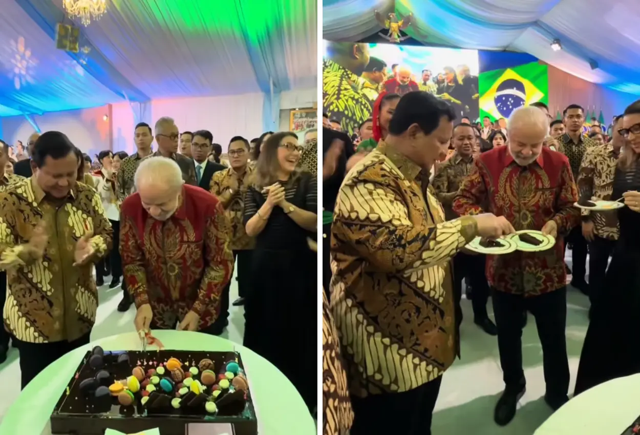 Momen hangat presiden prabowo dan lula da silva potong kue rayakan ulang tahun bersama
