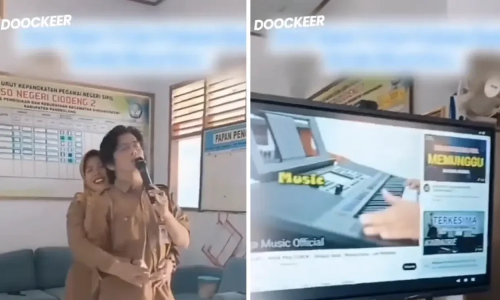Sambil pelukan dengan guru, kepsek asyik karaoke pakai smart tv dari prabowo