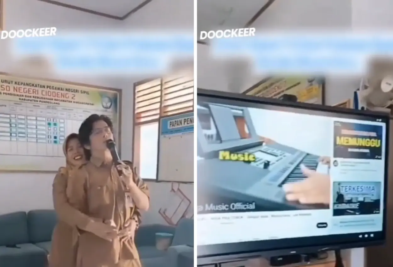 Sambil pelukan dengan guru, kepsek asyik karaoke pakai smart tv dari prabowo