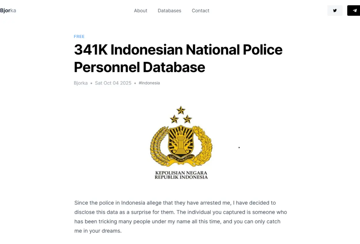 Sebut polisi salah tangkap orang, bjorka bocorkan 341 ribu data personel polri