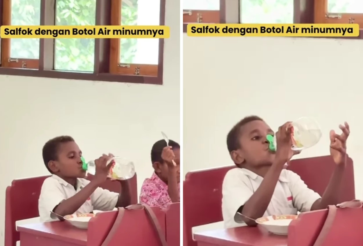 Viral di sosmed! bocah sd di papua minum dari botol bekas sabun cuci piring