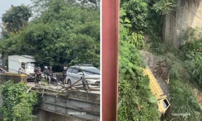 Waduh! truk pasir terperosok ke bawah jembatan cisauk pagi ini, diduga sopir ngantuk