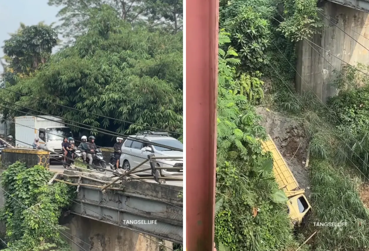Waduh! truk pasir terperosok ke bawah jembatan cisauk pagi ini, diduga sopir ngantuk