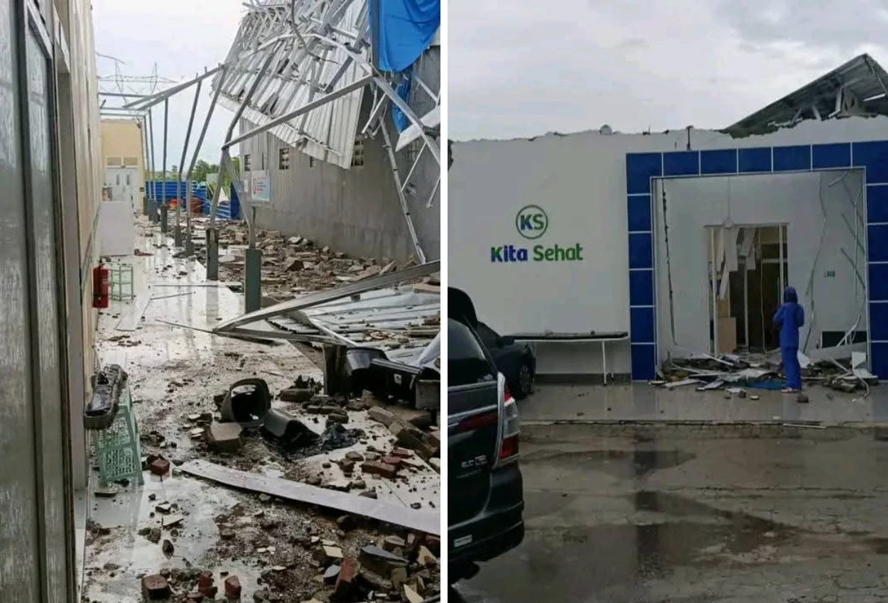 Momen evakuasi pasien saat atap klinik di cirebon ambruk diterjang angin puting beliung