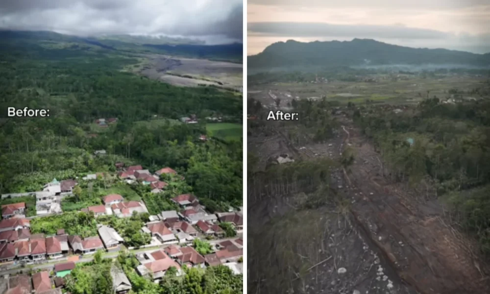 Puluhan rumah tampak rata dengan tanah usai diterjang awan panas erupsi gunung semeru
