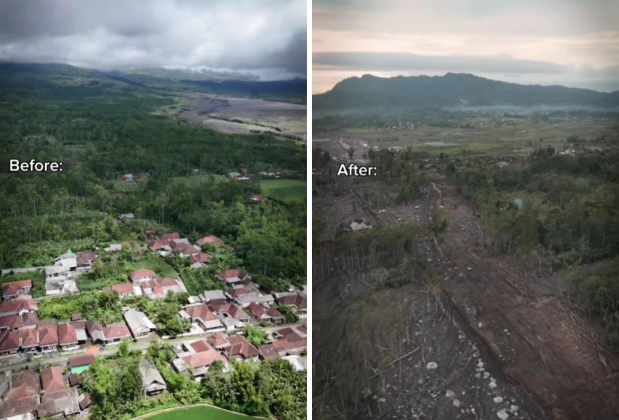 Puluhan rumah tampak rata dengan tanah usai diterjang awan panas erupsi gunung semeru