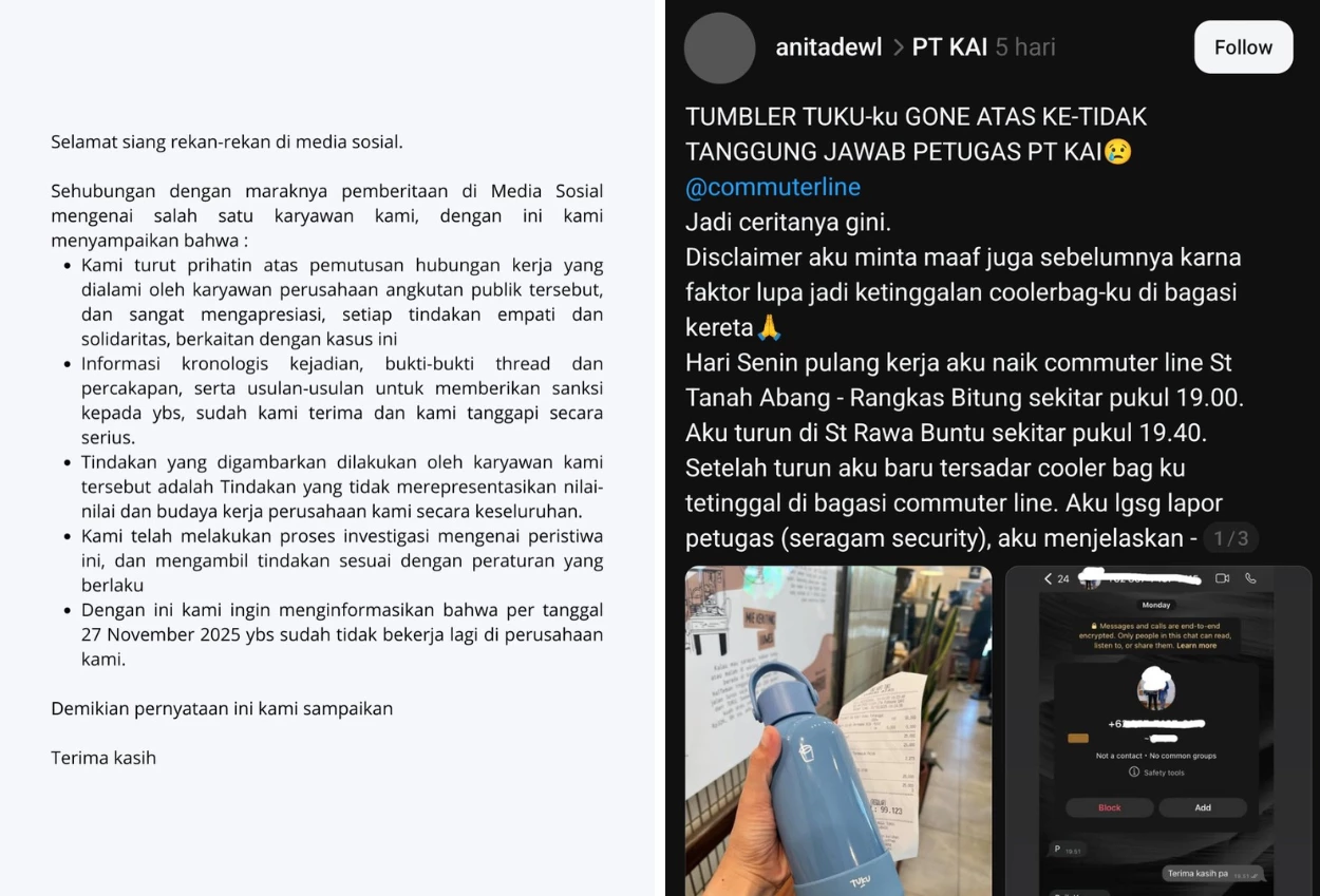 Sudah jatuh tertimpa tangga, wanita yang kehilangan tumbler di krl kini ikut kehilangan pekerjaannya