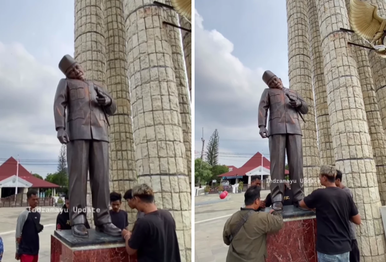 Tertimpa tenda, kepala patung soekarno di indramayu miring