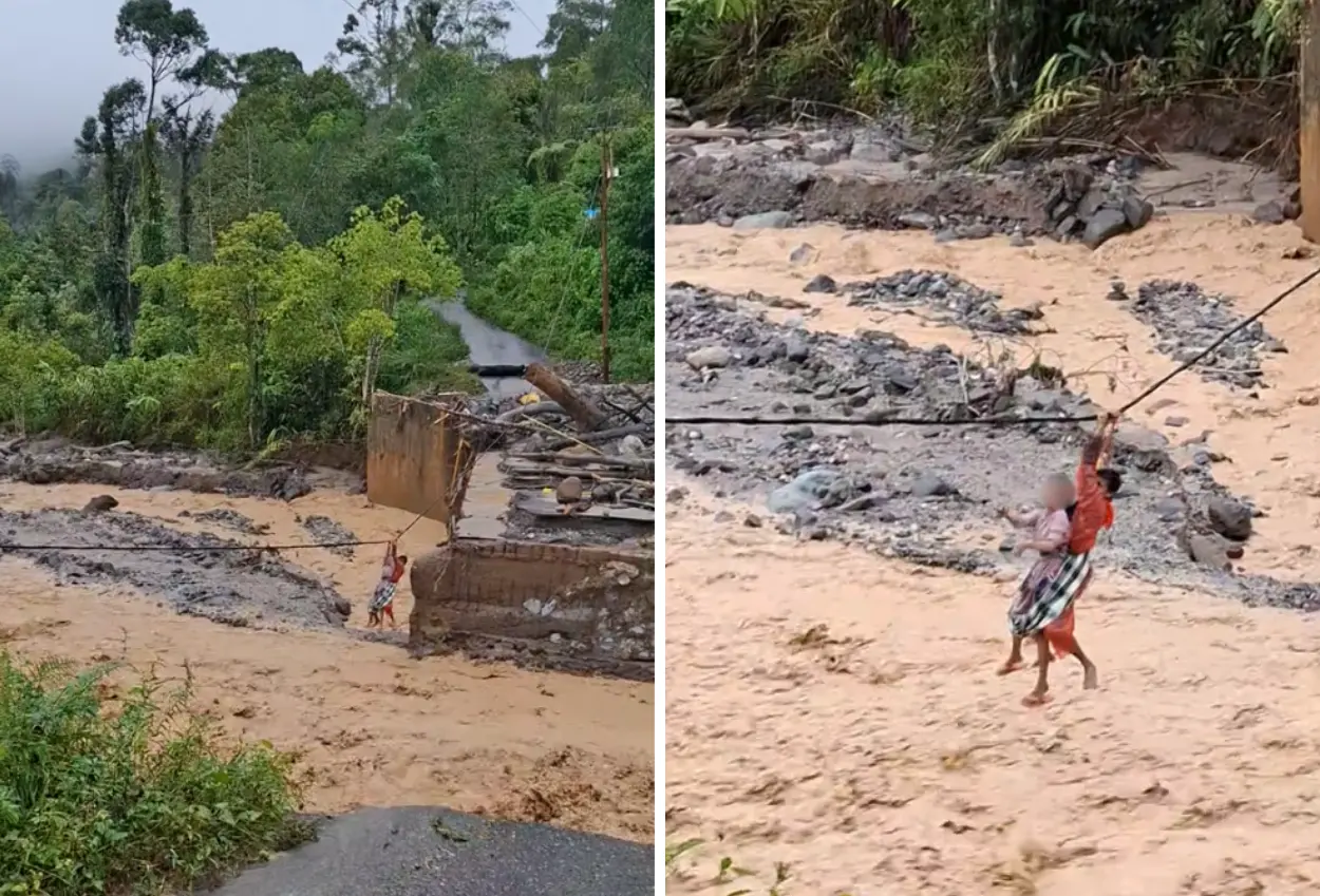 Warga tapanuli selatan terpaksa sebrangi sungai dengan kabel listrik imbas jembatan putus