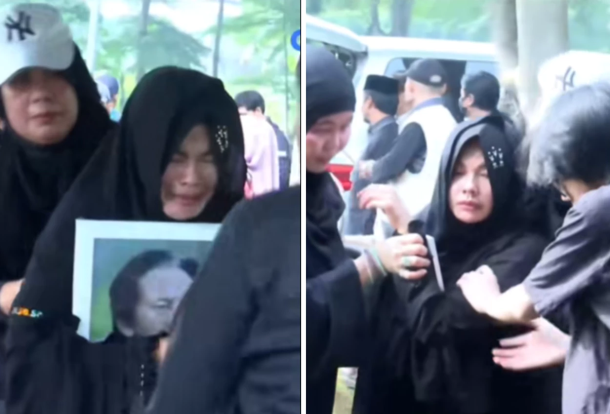 Karina ranau tak kuasa menahan nangis saat antar jenazah epy kusnandar ke pemakaman