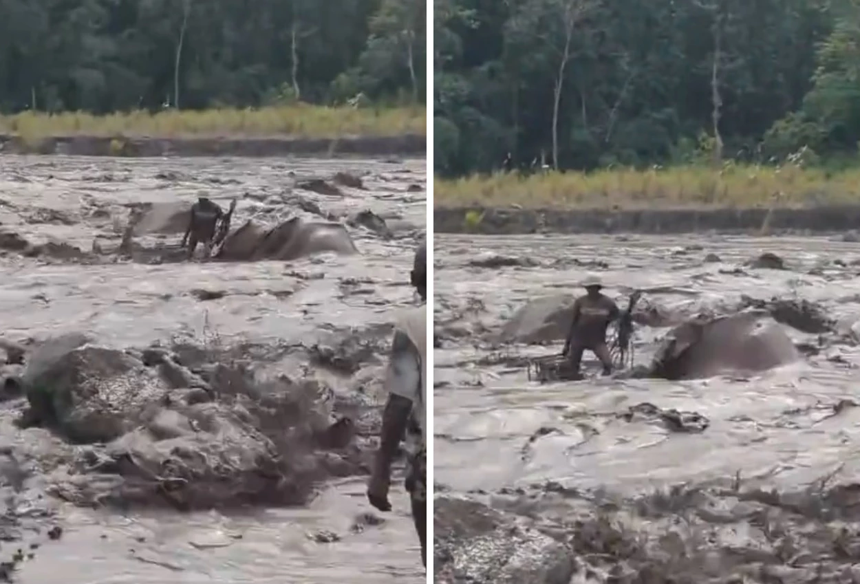 Momen menegangkan! penambang pasir terjebak banjir lahar semeru di tengah sungai
