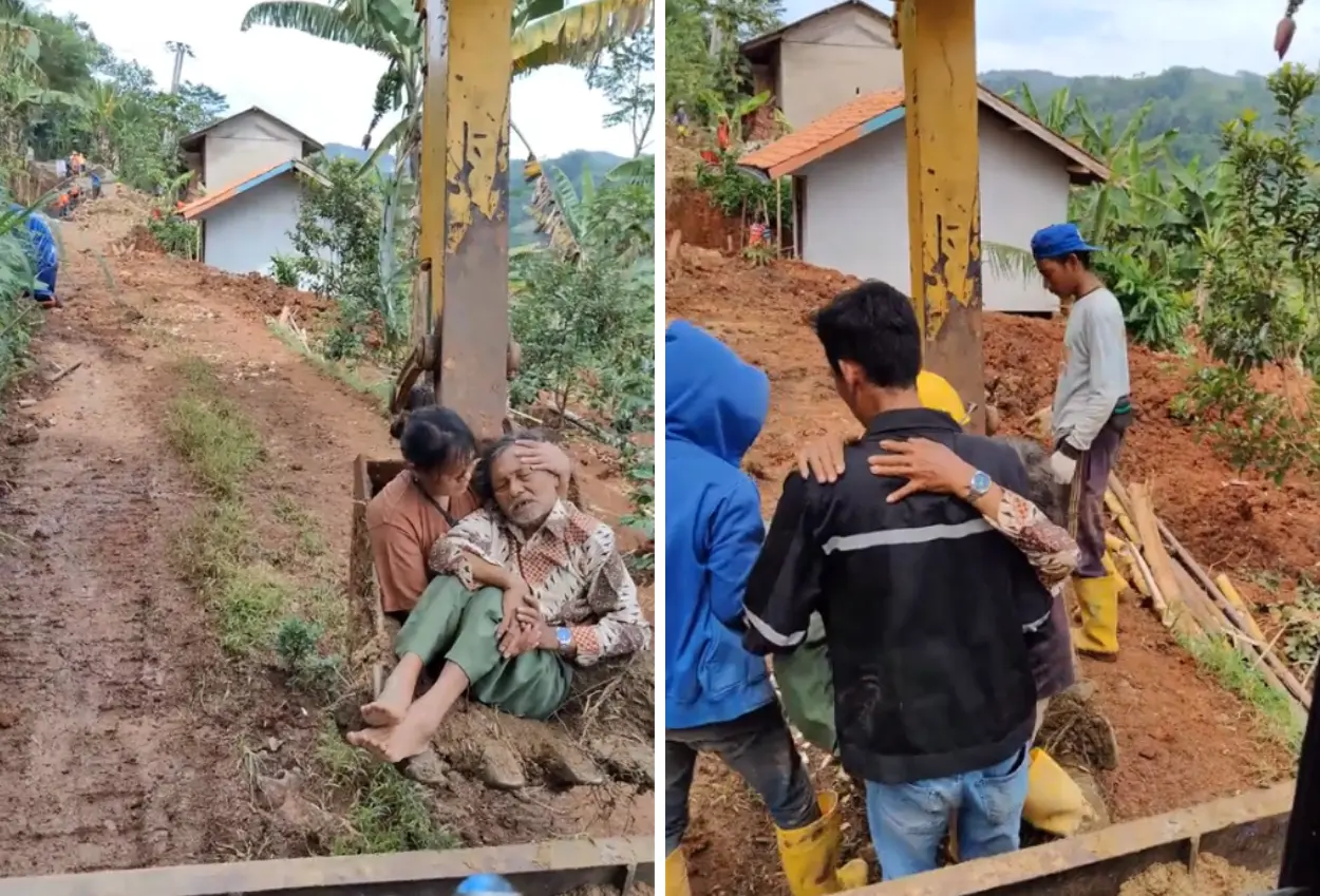Seorang kakek sakit terpaksa naik excavator karena jalan rusak