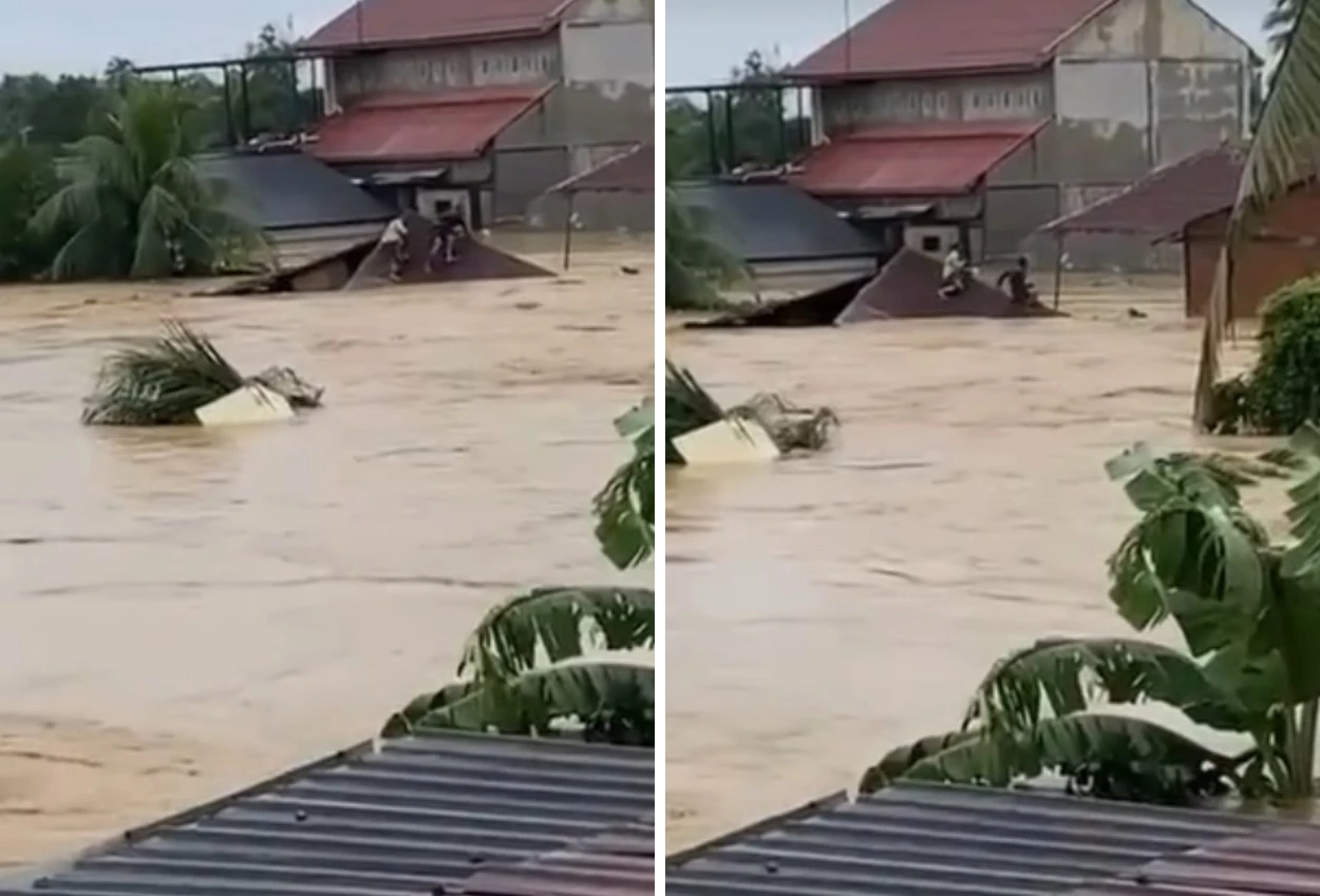 Terpisah dengan istri karena terbawa arus, pria ini tetap tegar selamatkan tetangga dan bayinya berjalan di atap rumah
