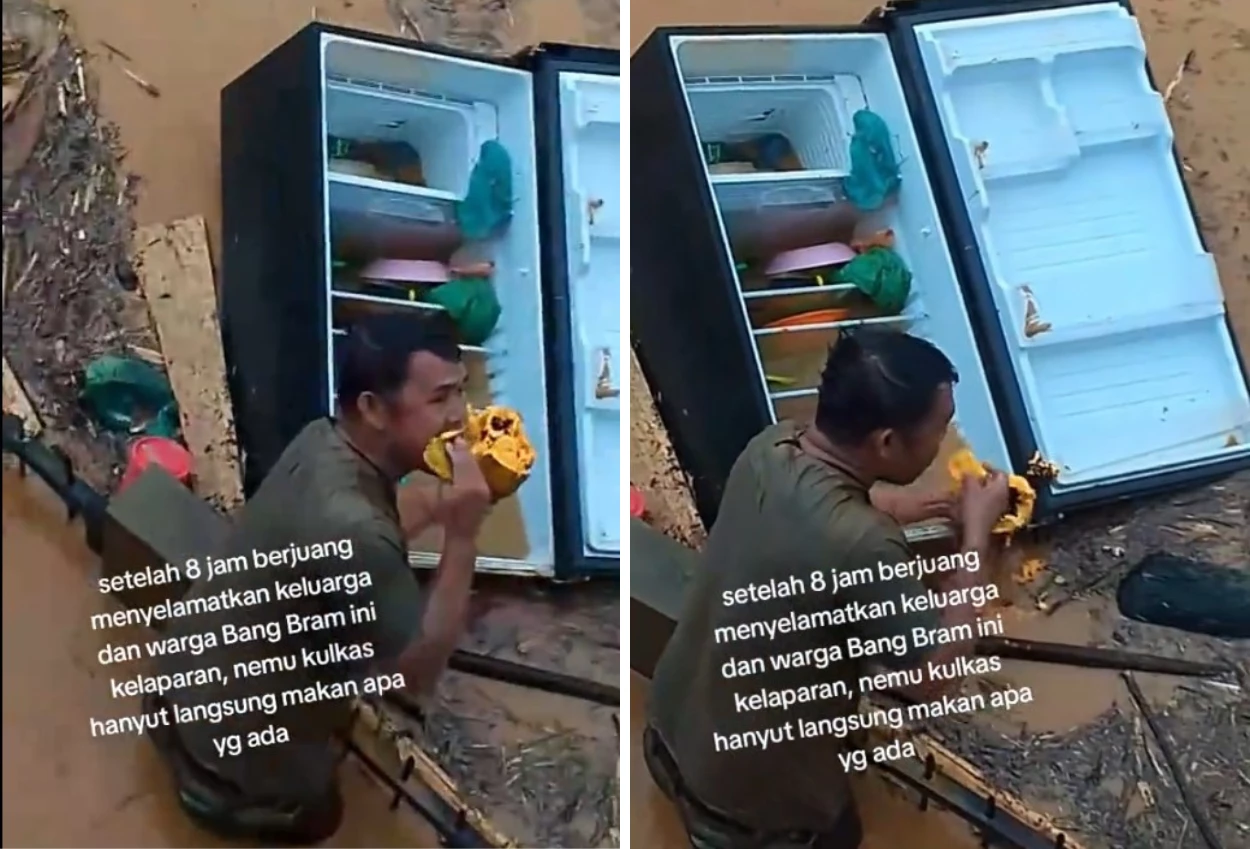 Viral! pria di sumatra makan dari kulkas yang hanyut usai evakuasi keluarga dan warga dari banjir bandang