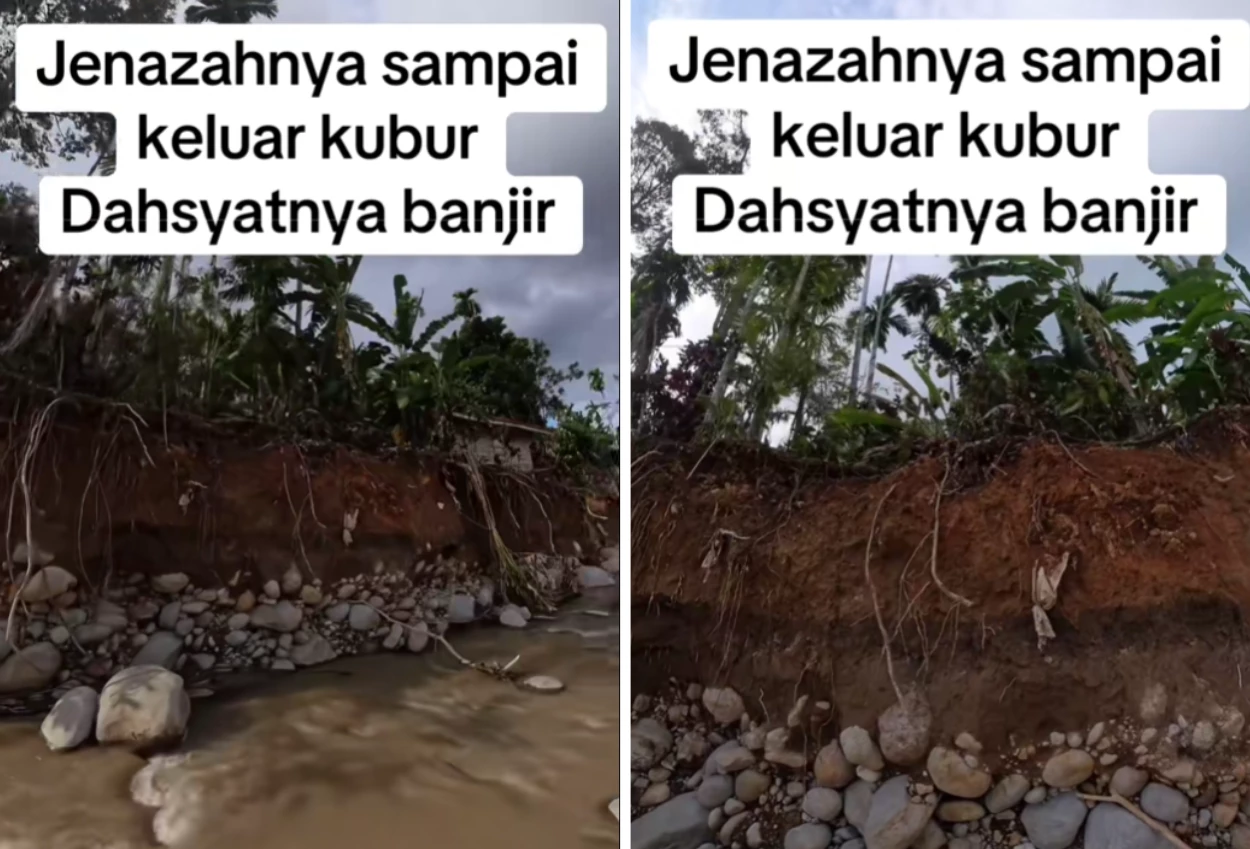 Viral video! makam di aceh tergerus banjir, kain kafan sampai terlihat di pinggir sungai