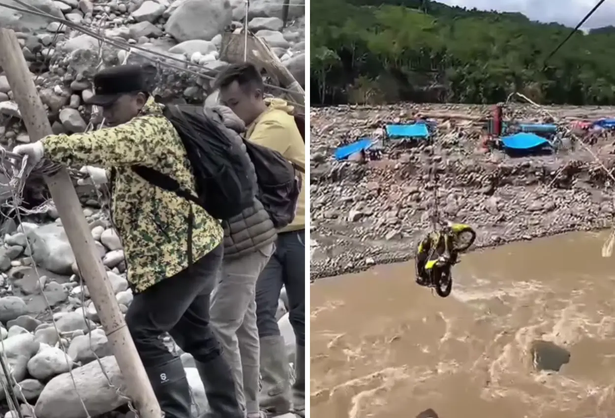 Wakil bupati aceh tengah nyaris jatuh saat seberangi sungai dengan sling