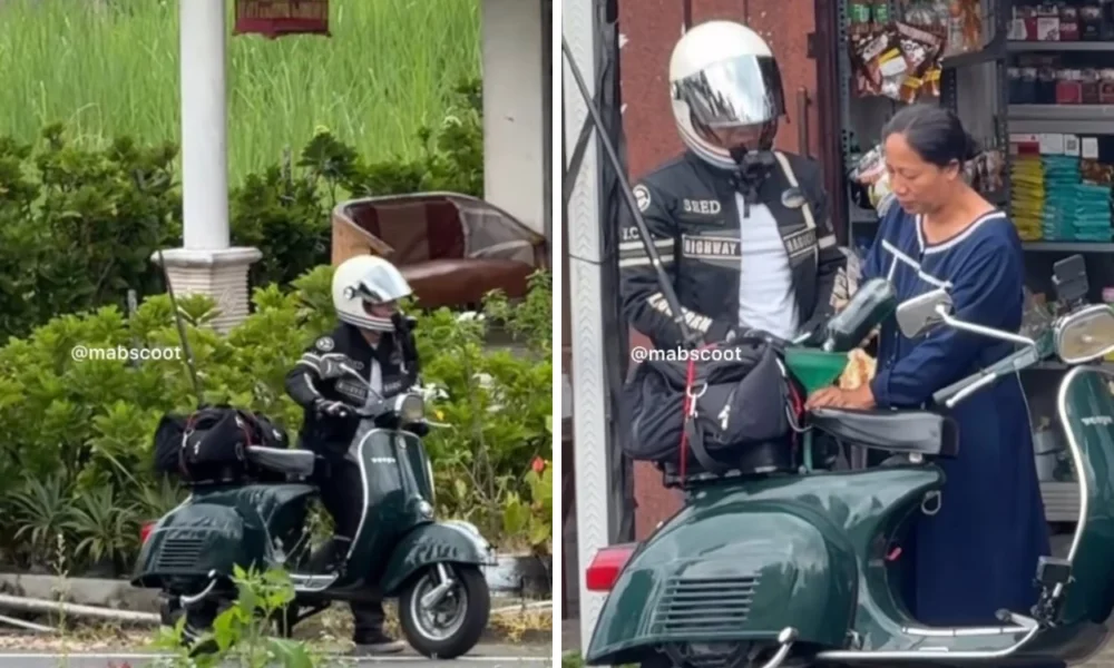 Diduga abis bensin, ariel noah dorong vespa klasiknya saat touring