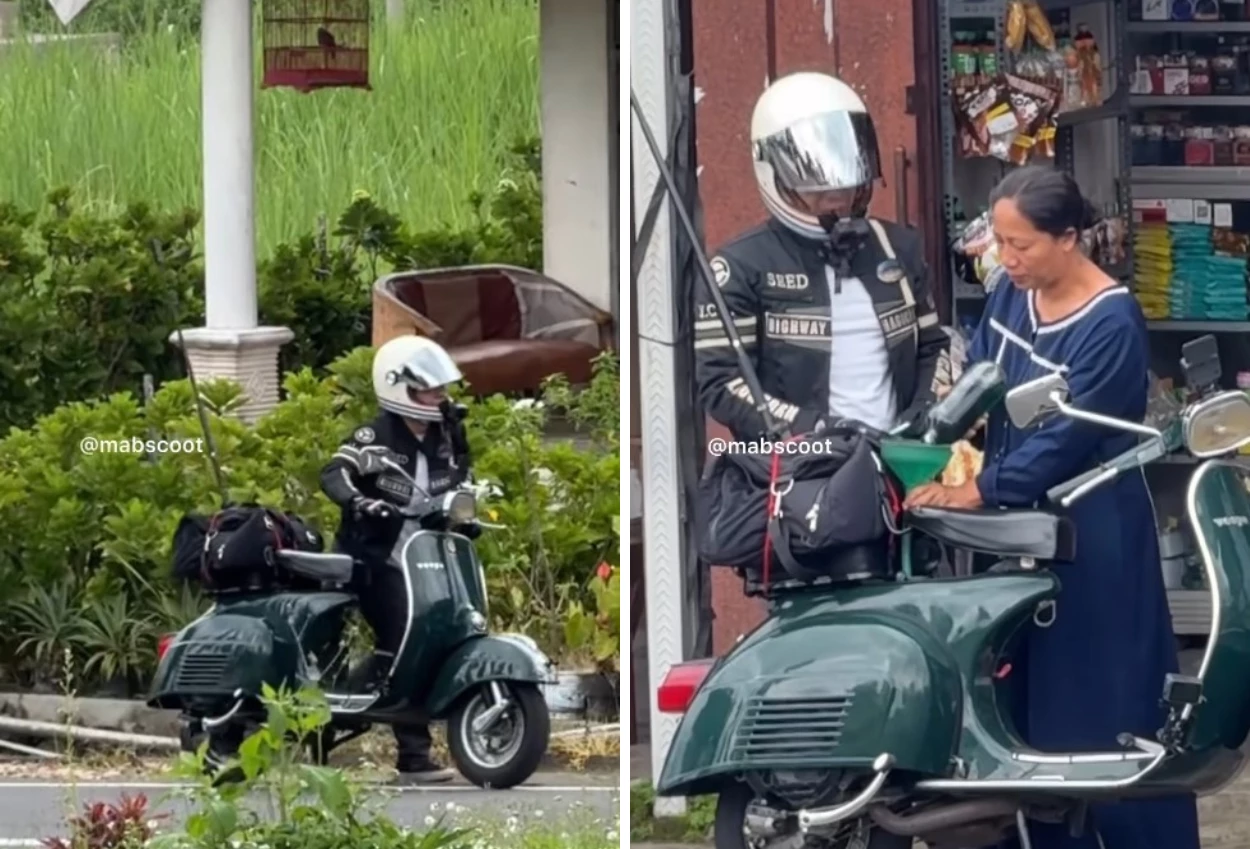 Diduga abis bensin, ariel noah dorong vespa klasiknya saat touring