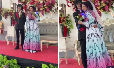 Fans garis keras! pengantin di tasikmalaya menikah pakai kostum demon slayer