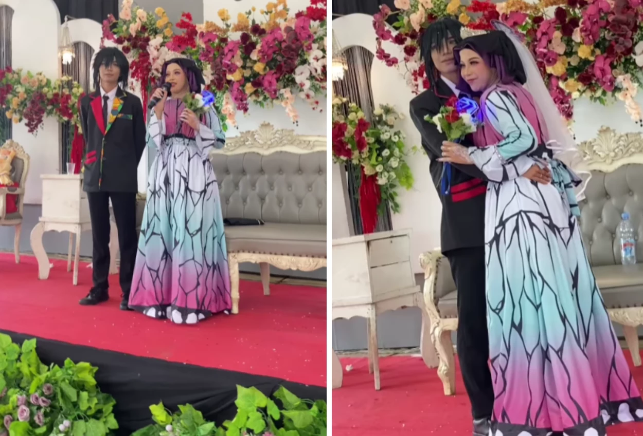 Fans garis keras! pengantin di tasikmalaya menikah pakai kostum demon slayer