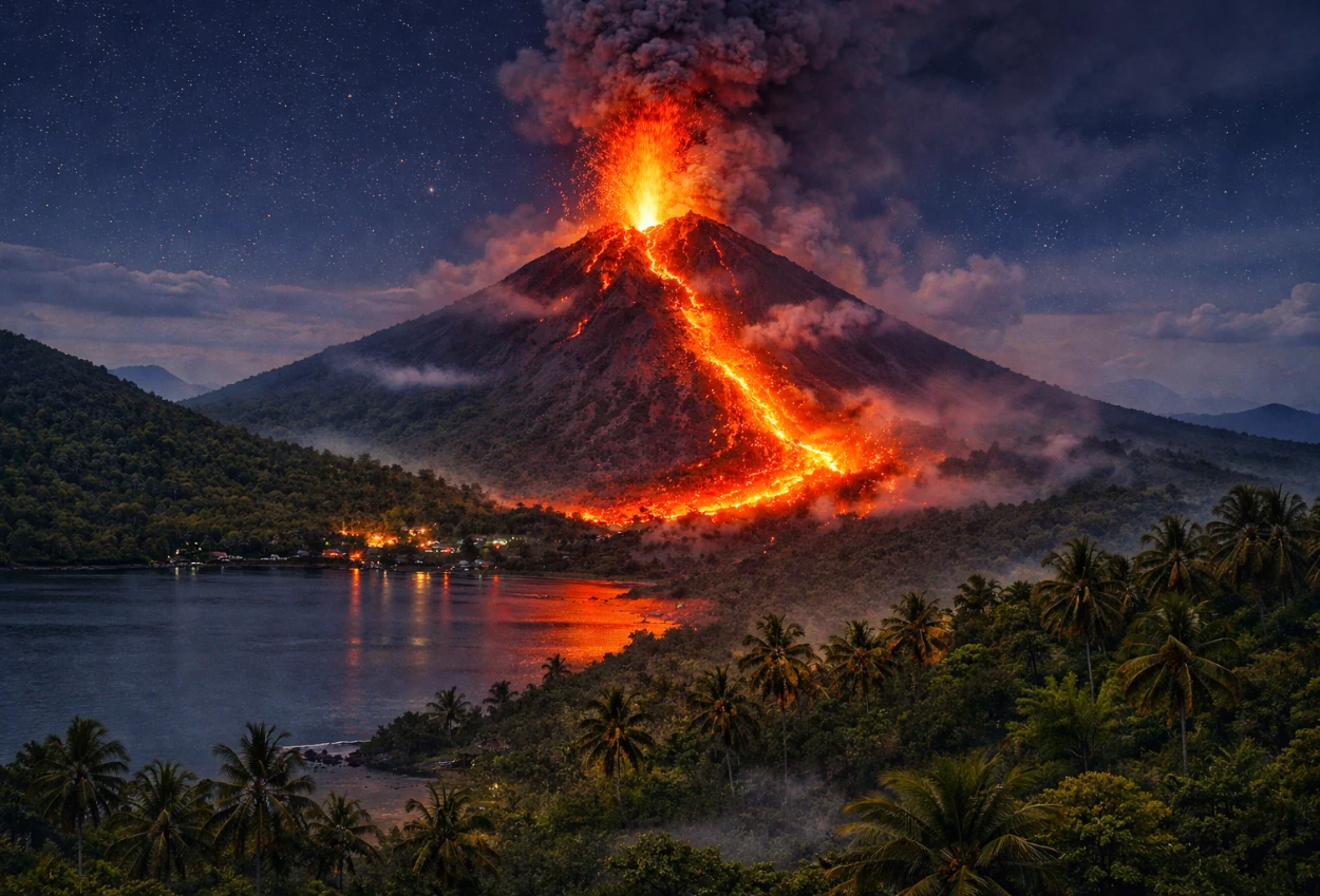 Gunung ile lewotolok meletus, lava pijar mengalir sejauh 100 meter
