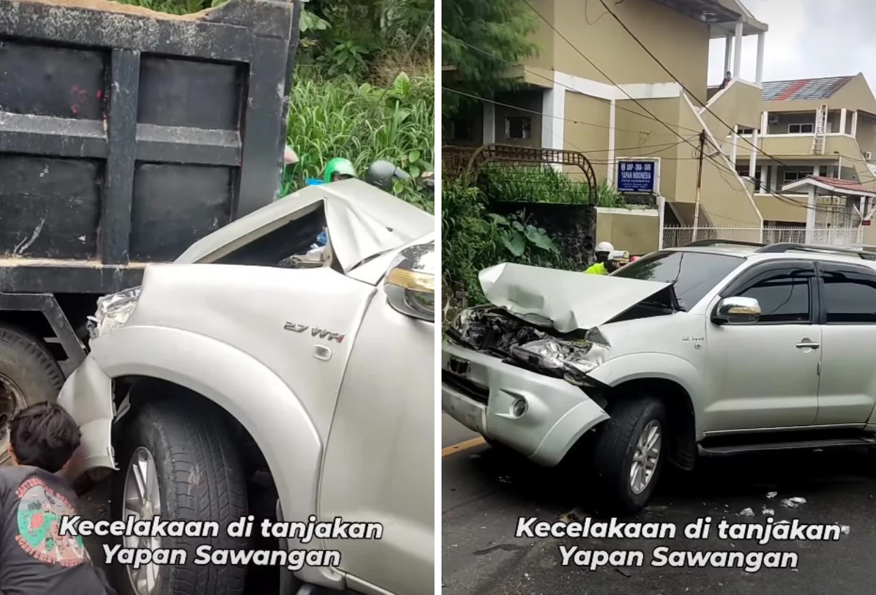 Kecelakaan di tanjakan yapan sawangan, istri polisi rela mobilnya ringsek demi selamatkan pemotor