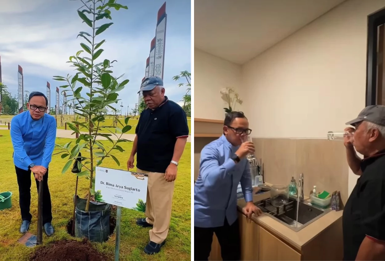 Kunjungi ikn, wamendagri bima arya dan basuki hadimuljono minum air langsung dari keran
