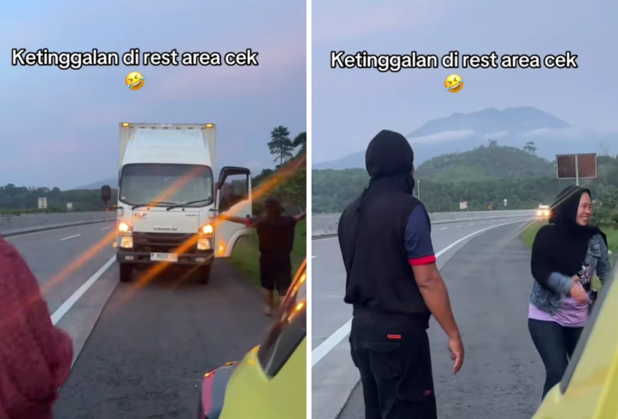 Momen kocak wanita ini ketinggalan rombongan di rest area hingga ditolong sopir truk