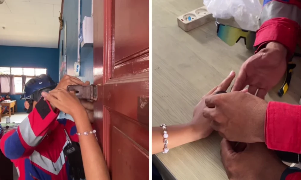 Viral! damkar kukar turun tangan lepaskan kelingking siswi yang terjepit pintu sekolah