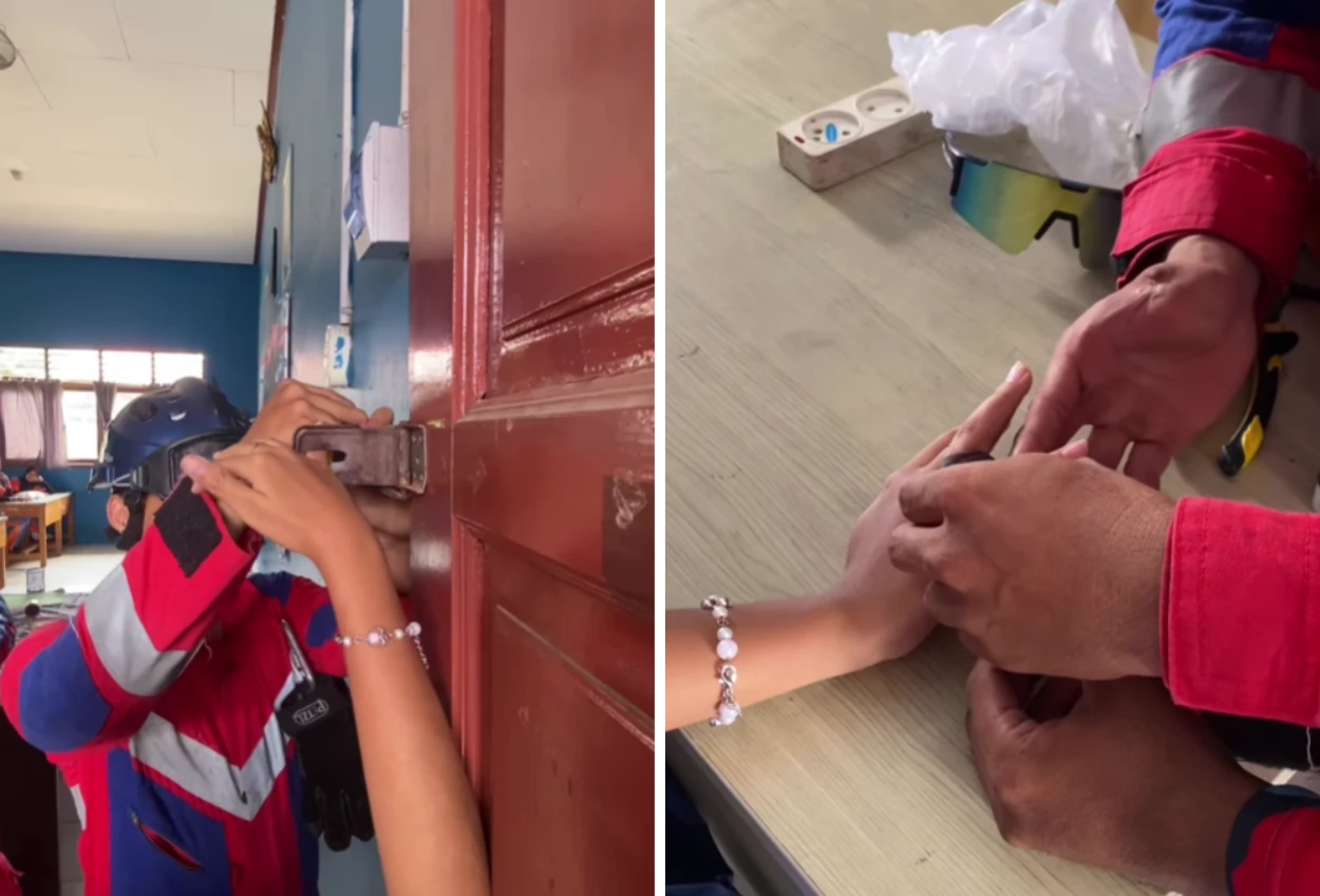 Viral! damkar kukar turun tangan lepaskan kelingking siswi yang terjepit pintu sekolah
