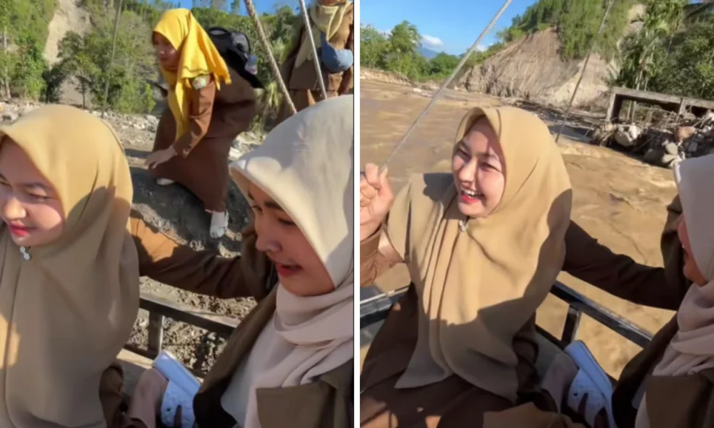Viral! guru di aceh tengah seberangi sungai pakai seling demi mengajar