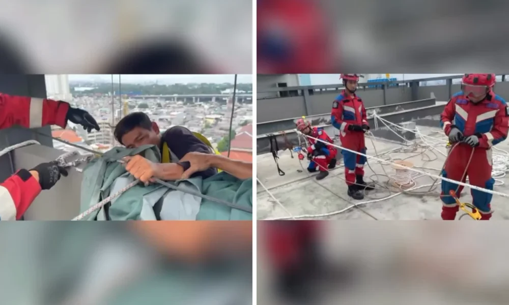Detik Detik Menegangkan Damkar Evakuasi 2 Pekerja yang Terjebak di Gondola Lantai