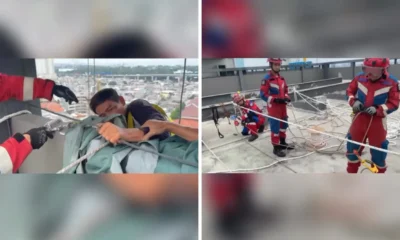 Detik Detik Menegangkan Damkar Evakuasi 2 Pekerja yang Terjebak di Gondola Lantai