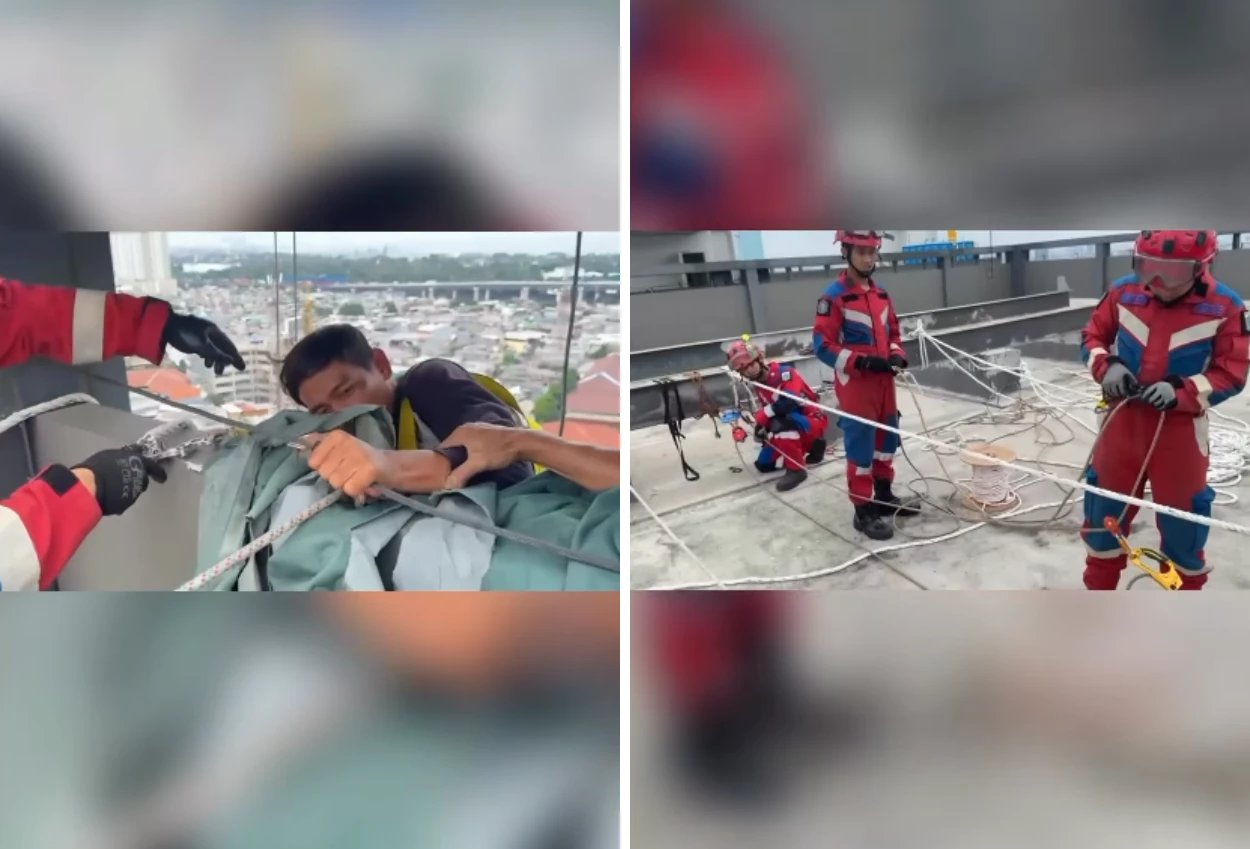 Detik Detik Menegangkan Damkar Evakuasi 2 Pekerja yang Terjebak di Gondola Lantai