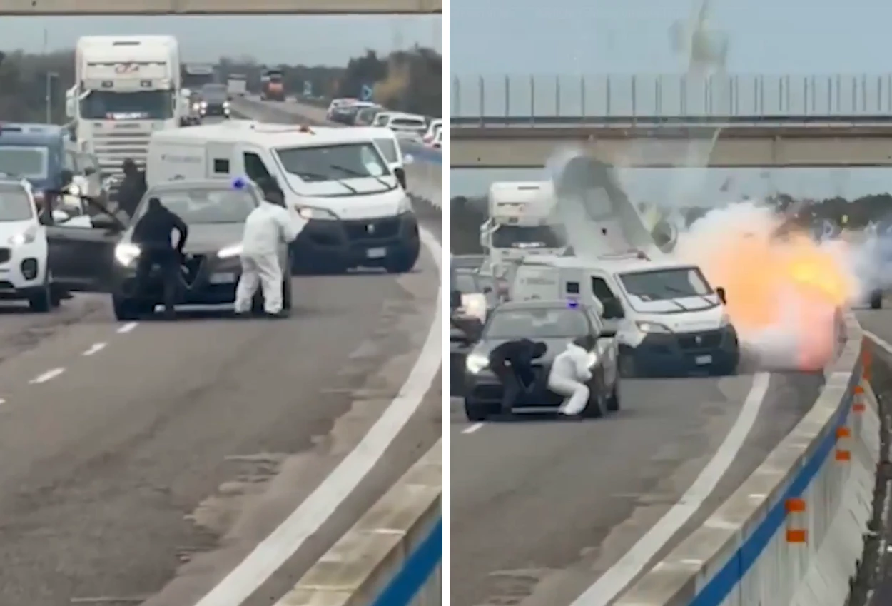 Detik detik Perampokan Bersenjata Ledakkan Mobil Pengangkut Uang di Jalan Tol Italia