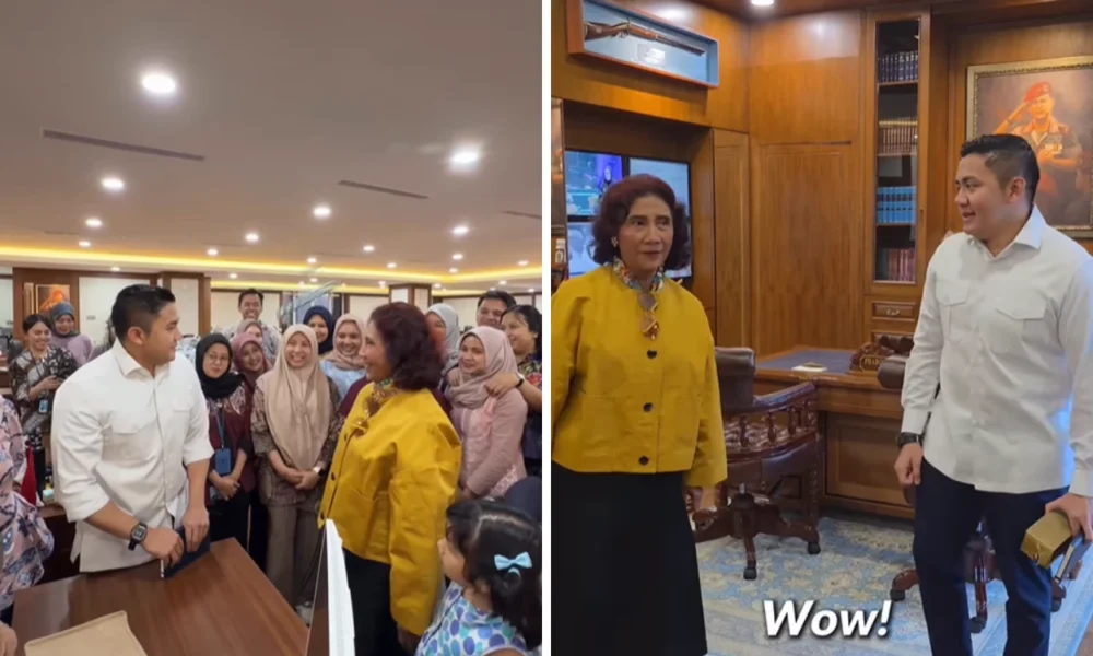 Momen Akrab Susi Pudjiastuti Kunjungi Kantor Seskab Teddy sambil Bawa Cokelat