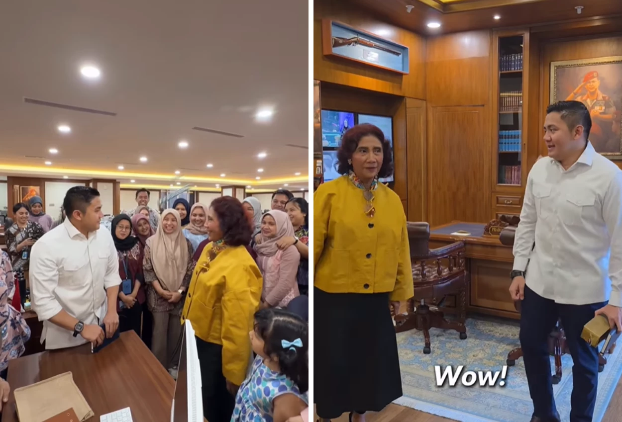 Momen Akrab Susi Pudjiastuti Kunjungi Kantor Seskab Teddy sambil Bawa Cokelat