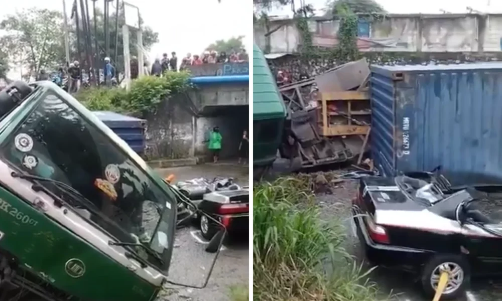 Truk Kontainer Bermuatan Minyak 32 Ton Timpa Mobil, Ayah Ibu Balita Tewas