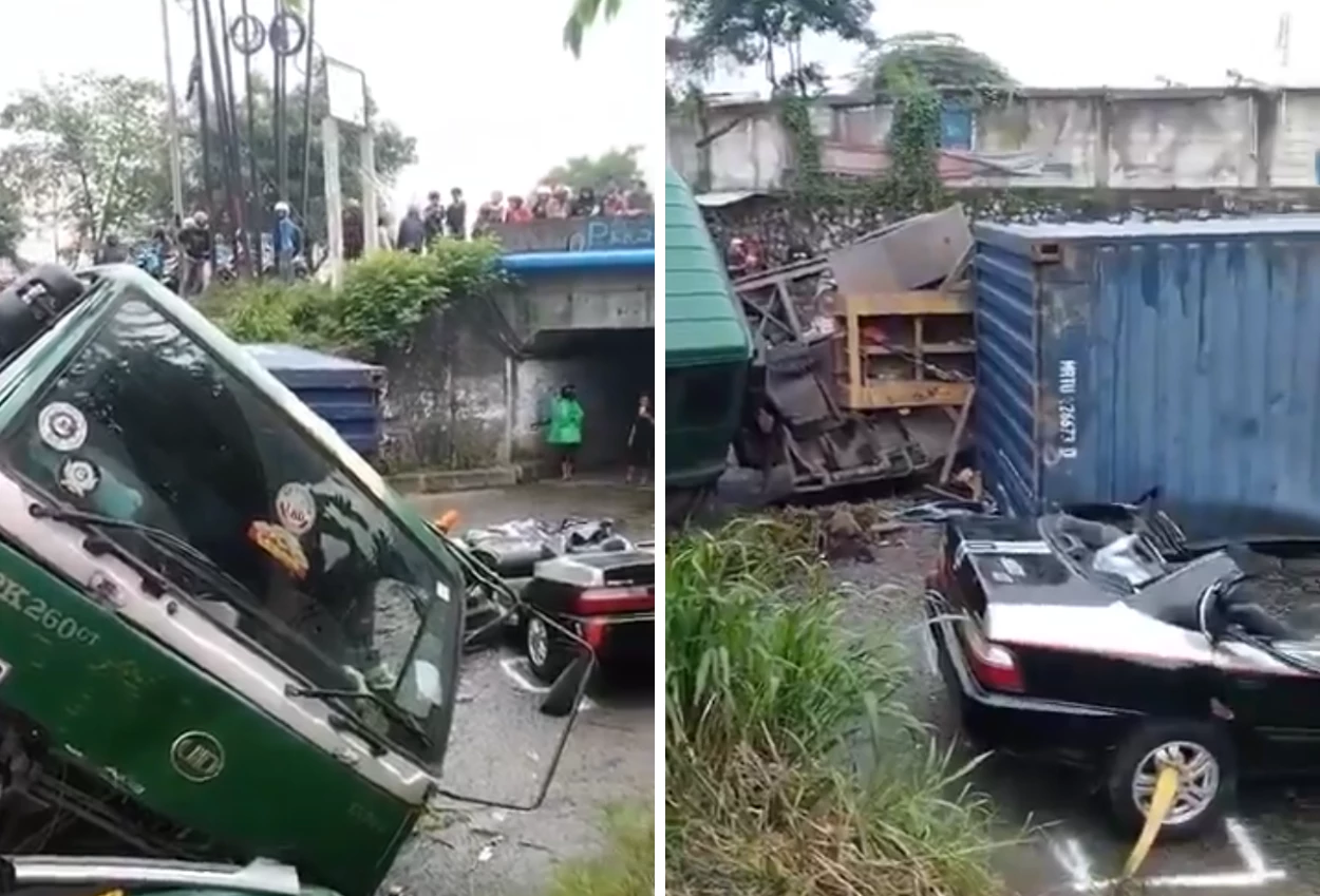 Truk Kontainer Bermuatan Minyak 32 Ton Timpa Mobil, Ayah Ibu Balita Tewas