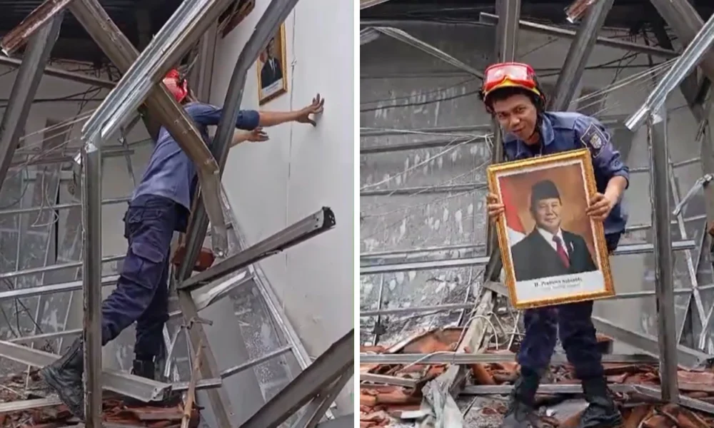 Viral Damkar di Cirebon Selamatkan Foto Prabowo dari Bangunan yang Runtuh