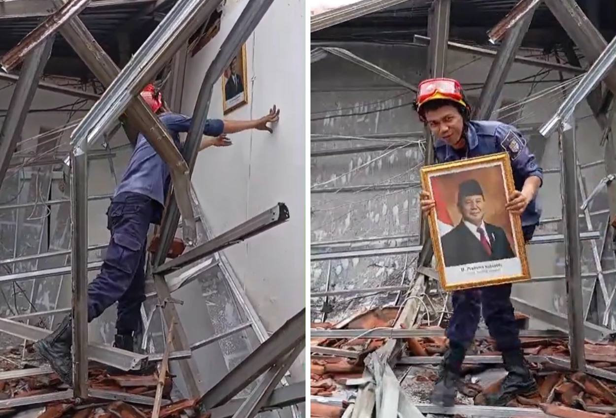Viral Damkar di Cirebon Selamatkan Foto Prabowo dari Bangunan yang Runtuh