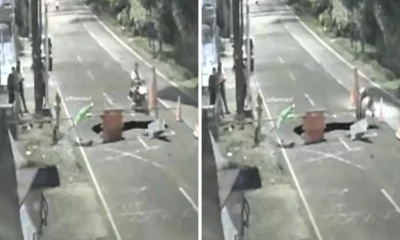 Detik Detik Motor Lawan Arah Terperosok ke Jalan Amblas di Lenteng Agung
