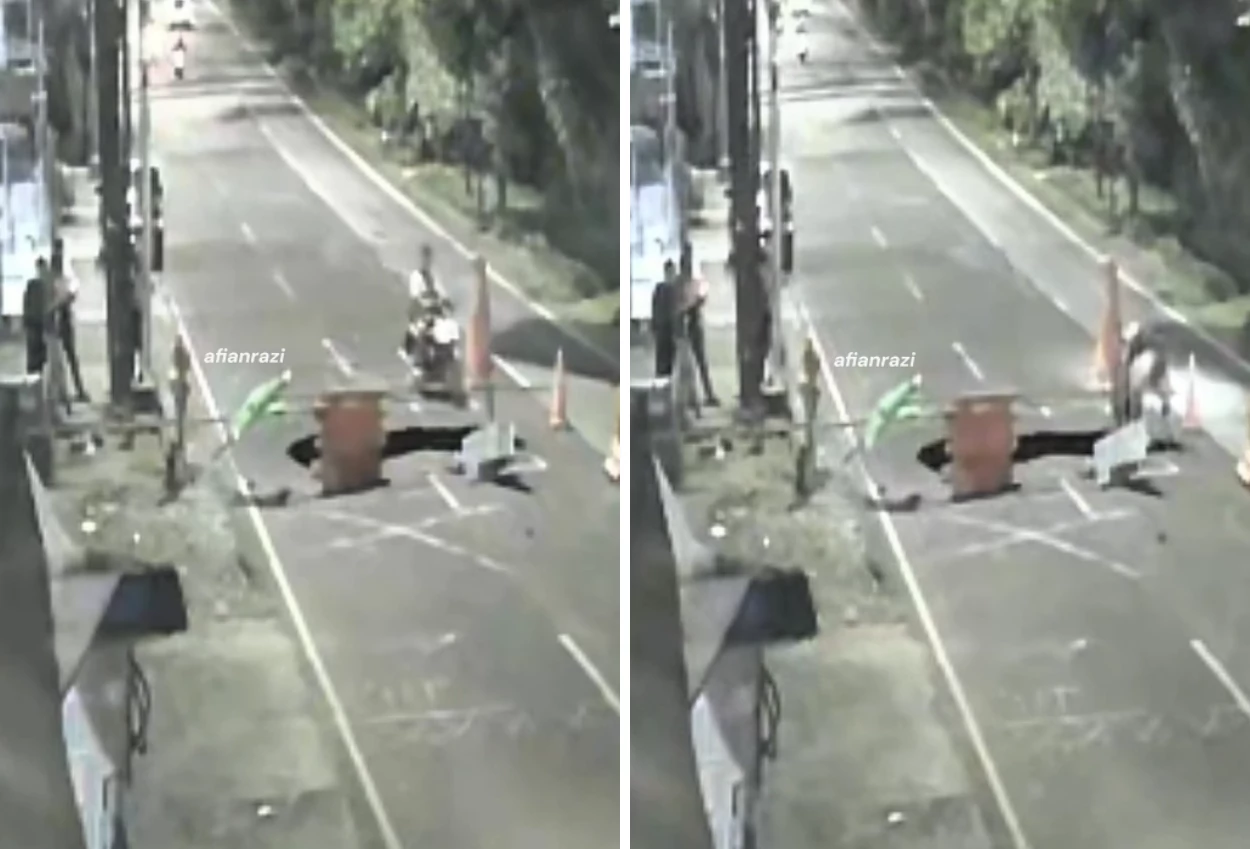 Detik Detik Motor Lawan Arah Terperosok ke Jalan Amblas di Lenteng Agung