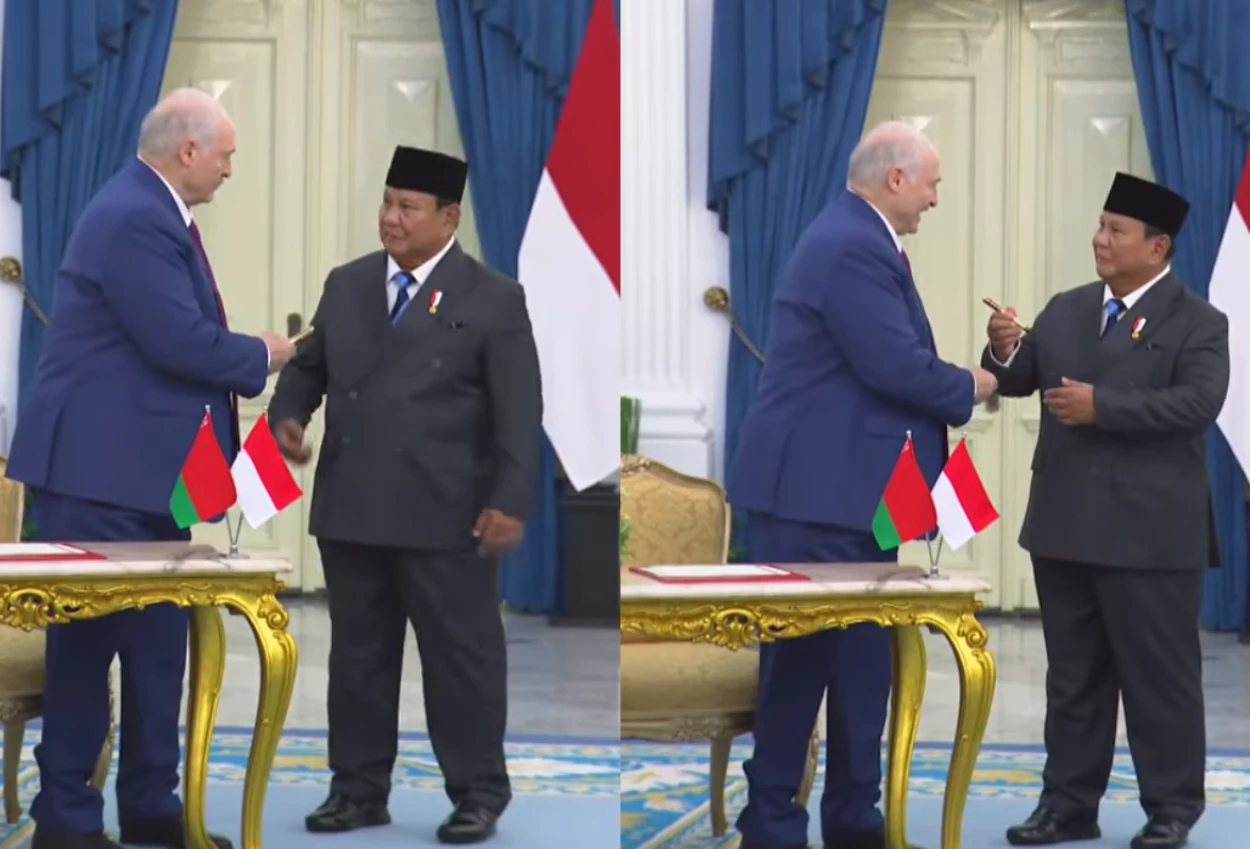 Momen Prabowo Kaget saat Presiden Belarus Kasih Pulpen usai Isi Buku Tamu