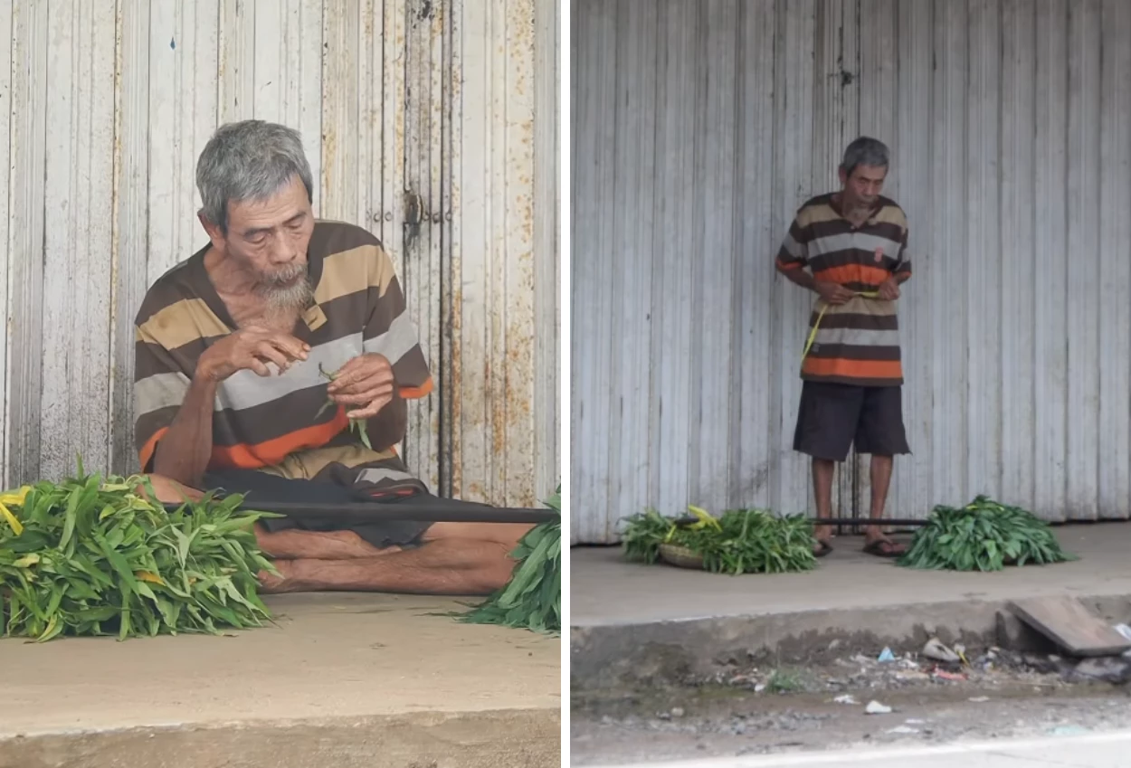 Pilu! Kakek Ini Ikat Perut dengan Tali demi Tahan Lapar saat Jualan Kangkung